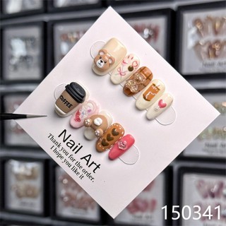 Handmade Đeo Móng Tay Đầu Hoạt Hình Nóng Gấu Cà Phê Phong Cách Nhẹ Nhàng Trẻ Em Thu Đông Dễ Thương Ngọt Ngào Kẻ Sọc Tình Yêu