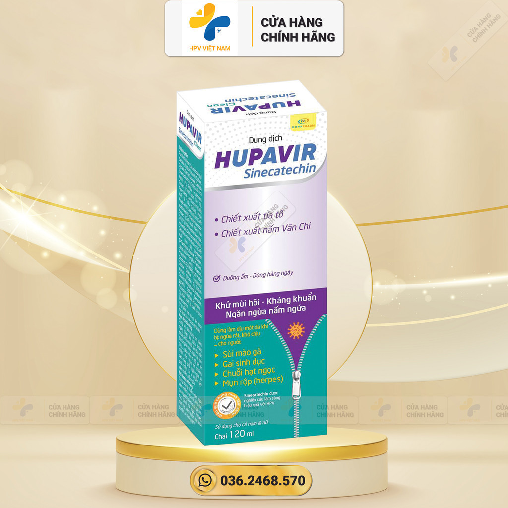 Dung dịch vệ sinh Hupavir Sinecatechin lọ 120 ml Hỗ trợ cho người bị Sùi Mào Gà, hạt ngọc, mụn rộp, Herpes