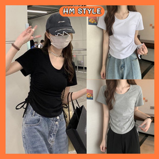 Áo croptop cổ tròn tay ngắn rút dây hai bên tôn dáng MOLEE áo thun trơn đuôi tôm xinh xắn chất thun tăm
