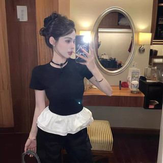 Niche Fluffy Ren Ba Lê Phong Cách Giả Hai Mảnh Áo Thun Nữ Mùa Hè Phong Cách Mới Đen Slim-Fit Top HXFWC00428