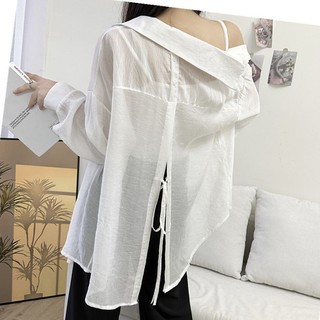 Áo Sơ Mi Chống Nắng Dài Tay Mỏng Cho Nữ Mùa Hè Thiết Kế Phong Cách Mới Có Khe Lưng Rời Ren Áo Sơ Mi Trắng Top Hợp Thời Trang