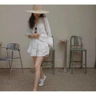 Set hai món áo áo sơ mi có cổ dài tay phối quần sooc trắng chất liệu đũi thấm mồ hôi ảnh thật đi biển đi làm đi chơi CD