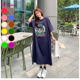 Đầm suông thun ngắn tay lười biếng nữ dáng rộng cỡ lớn xẻ trên đầu gối kèm in cô bé tinh nghịch TTDSA0138