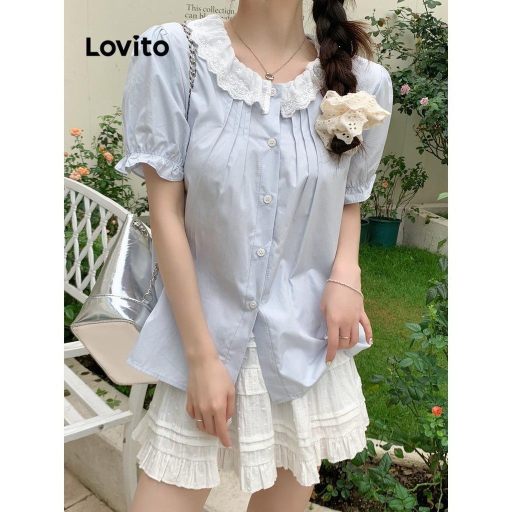 Lovito Áo cổ xếp nếp trơn đơn giản cho nữ LNA66049 | BigBuy360 - bigbuy360.vn