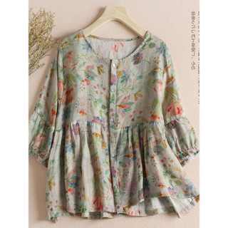 Áo Sơ Mi Cotton Và Vải Lanh In Hình Vintage Plus Kích Thước Cổ Tròn Ruffle Tấm Nữ Giảm Tuổi Đa Năng Áo