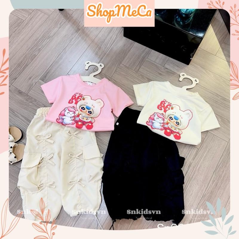 Set bộ bé gái SN3, Set áo cotton ngắn tay BB3 quần thô bom nơ cho bé gái