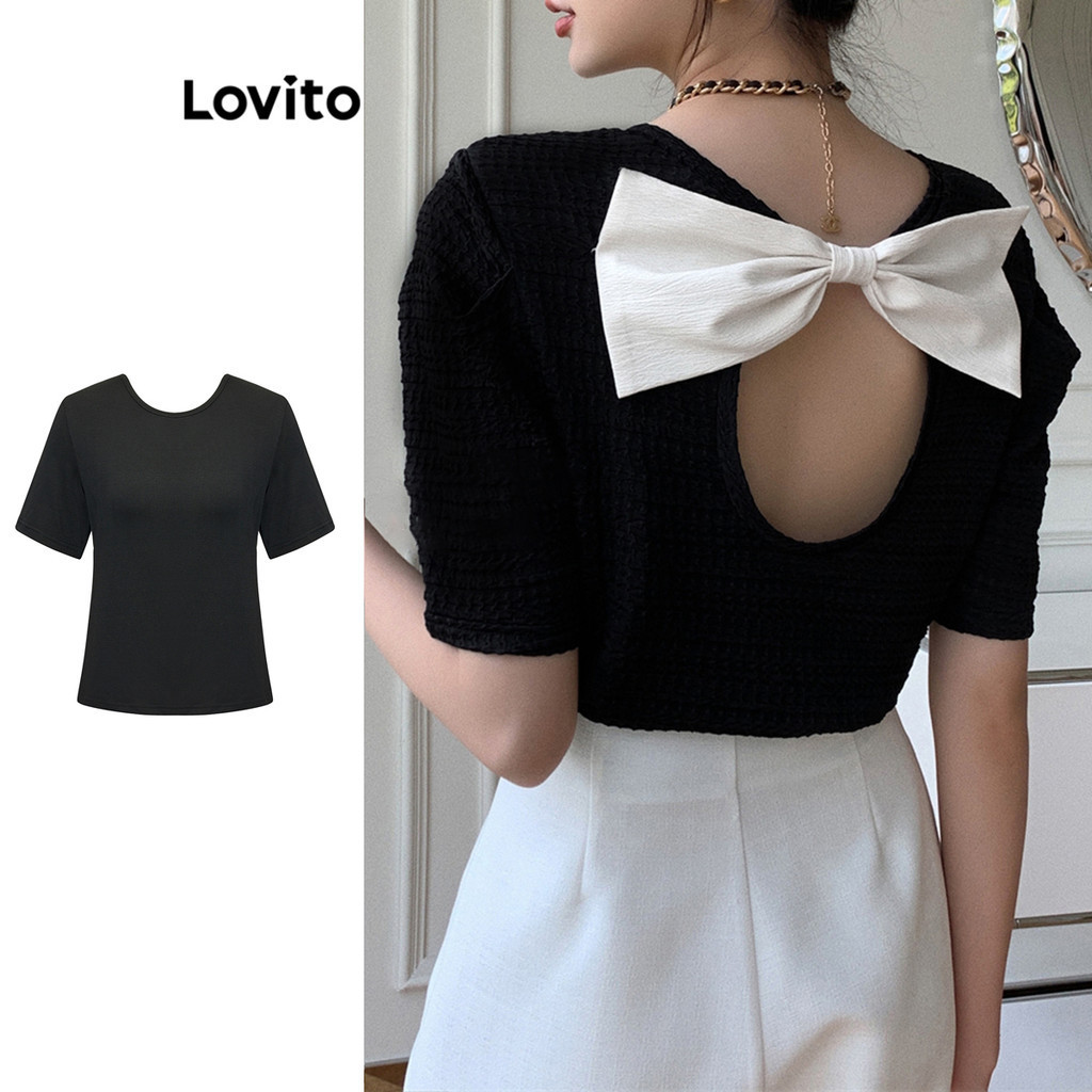 Áo thun Lovito chắp vá cắt xẻ phối nơ phong cách thường ngày cho nữ L83EN253