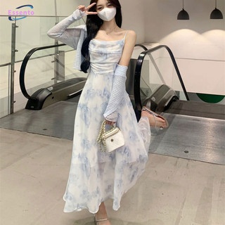 Essento nữ Pháp voan hoa treo váy phù hợp với áo khoác cardigan dệt kim thơm nhỏ Bộ váy hai mảnh dành cho nữ