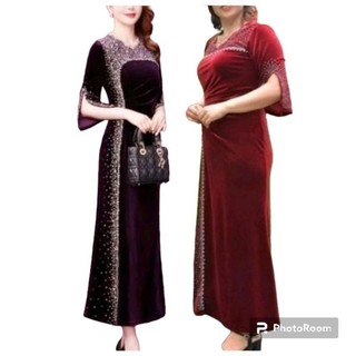 Đầm dự tiệc trung niên dạ hội sang trọng cho mẹ vải nhung ép đá cao cấp, Đầm dạ hội trung niên SP033SHF -   sonfashion