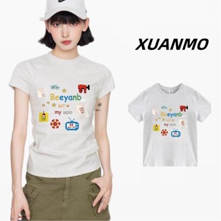  XUANMO Local brand Áo baby tee Áo Thun ôm body Áo y2k 100% cotton Áo thun trẻ em giản dị Slim-fit Áo sơ mi Y2K tay ngắn nữ mùa hè phong cách ngắn 