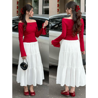 ( Có tách set) Set váy áo trễ vai tay dài phối nơ và chân váy đũi dáng dài phong cách điệu đà tiểu thư- A277, CV051