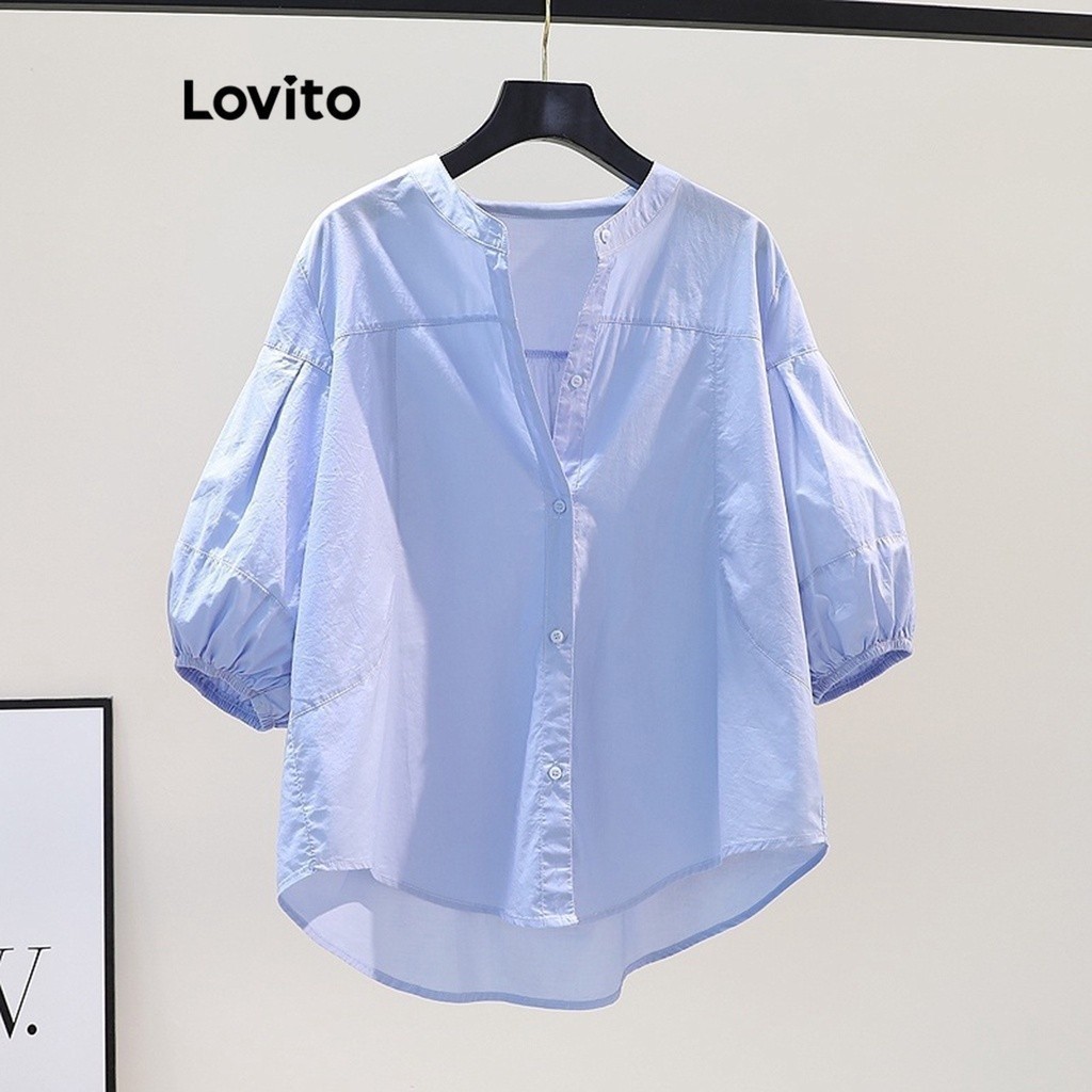 Áo kiểu Lovito cài nút cao thấp màu trơn thường ngày cho nữ LNE20085 (màu xanh dương)