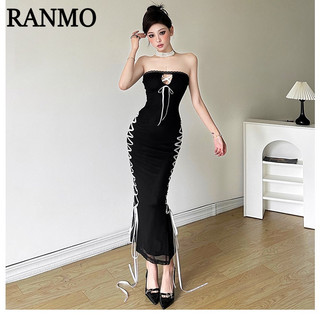 Weird Puss Lạ Puss Kỳ Lạ Pus Đầm Dây Buộc Cơ Thể Dài Omni Đen Sang Trọng Sang Trọng Mùa Đông Cho Nữ