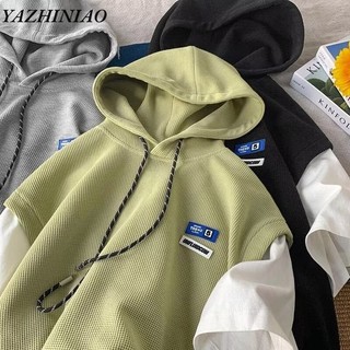 Yazhiniao Nam Tay Ngắn Mỹ Retro Phong Cách Đại Học Waffle Có Mũ Trùm Đầu Giả Hai Mảnh Nhãn Thể Thao Colorblock Thanh Niên Đáy Áo Thun