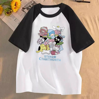 [Polyester] Áo thun ngắn tay cổ tròn hoạt hình dễ thương dành cho nữ thời trang nối quần áo mùa hè đa năng dành cho sinh viên