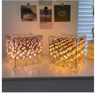 Đèn ngủ hoa Tulip hình vuông biển hoa 20 bông ĐÈN TO 12X12CM, DIY thủ công tự lắp, Gương trong phản chiếu biển hoa