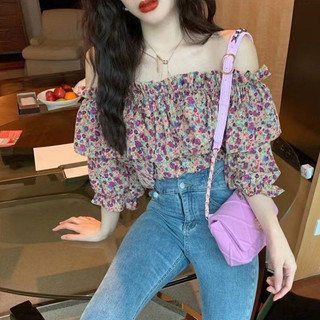 Áo Sơ Mi Voan Tay Ngắn Nữ Mùa Hè Phong Cách Mới Xù Gợi Cảm Cổ Phẳng Dây Áo Sơ Mi Nhỏ Hoa Top