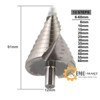 Thép HSS siêu cứng phủ titanium bạc - Bước mũi khoan từ 6 đến 60mm - Trục 12mm