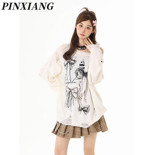 Pinxiang Áo len cắt nơ graffiti dành cho nữ áo sơ mi oversize