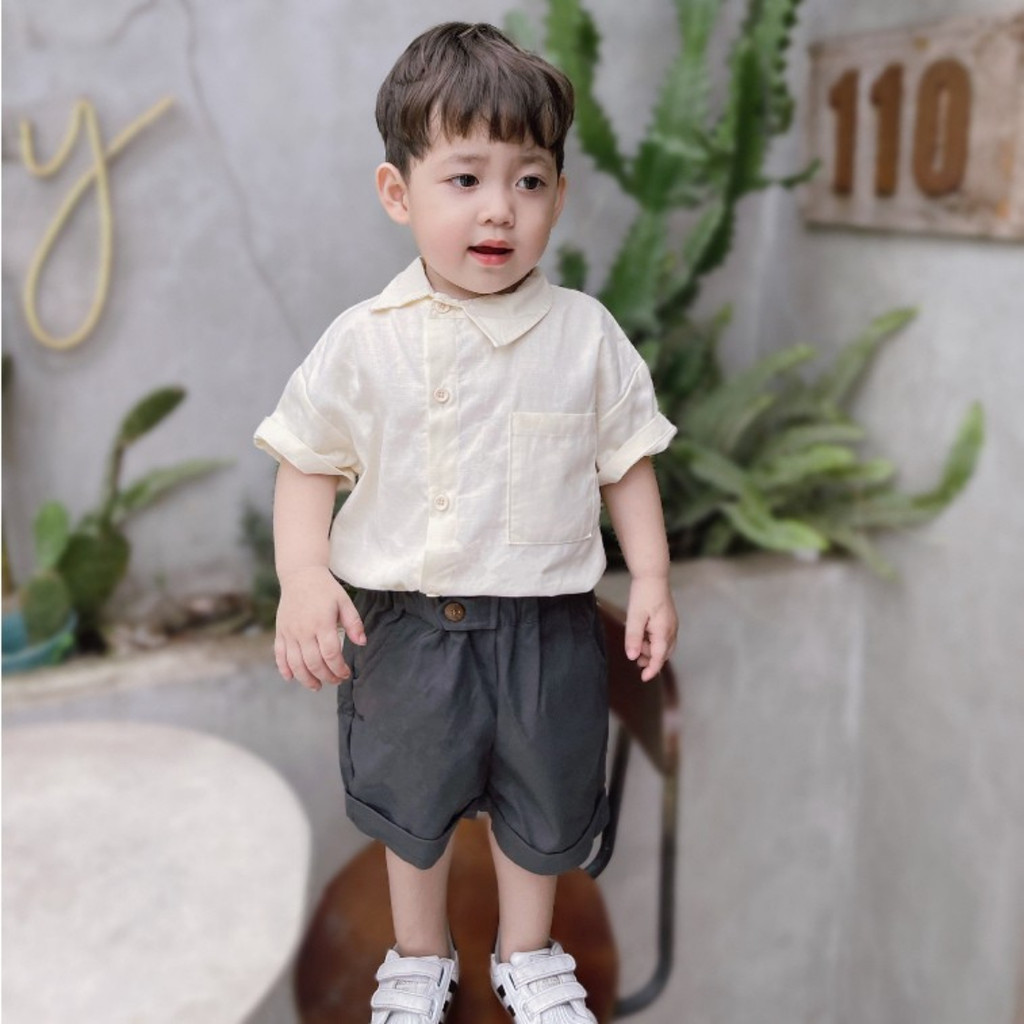 Áo Sơ Mi Bé Trai Kèm Quần Chất Liệu Thô Hàn Mềm Mại, Set Sơ Mi Kiểu Dáng Cổ Lệch Cá Tính Heykidz HB6