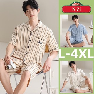 L-4xl Bộ Đồ Ngủ Nam Cotton Plus Kích Thước Bộ Đồ Ngủ Mùa Hè Tay Ngắn Đồ Ngủ Người Sọc Sọc Phong Cách Đơn Giản Loungewear