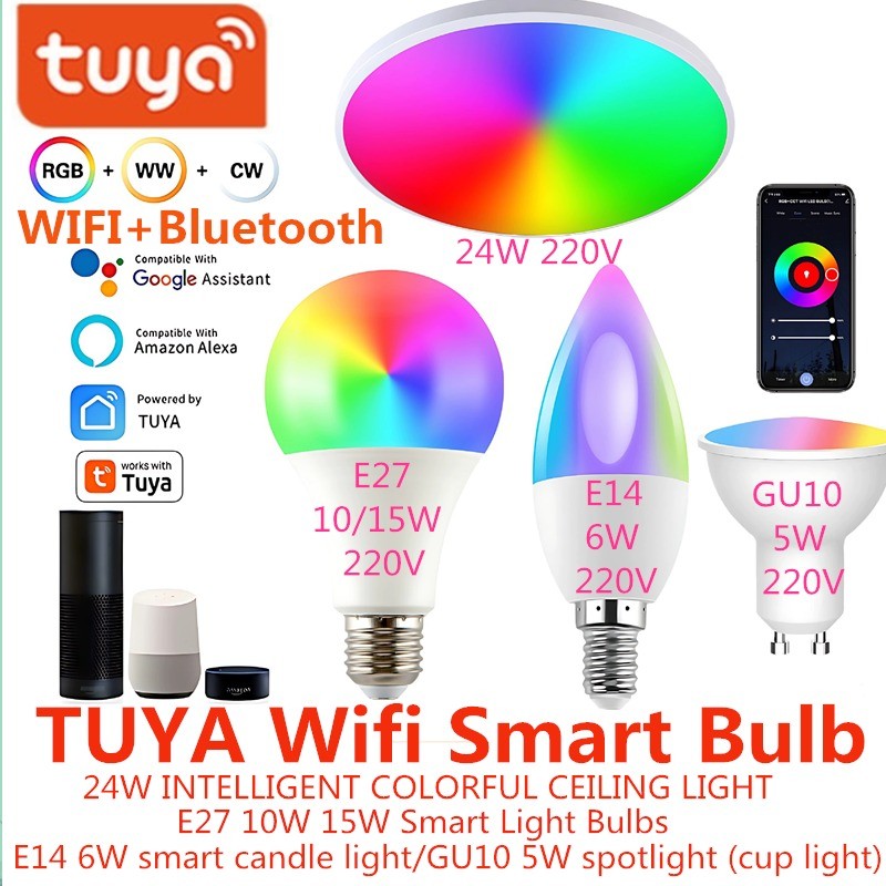Tuya WiFi Đèn LED Thông Minh Trần E27 Bóng Đèn E14 Đèn Nến GU10 Đèn Pha 220V RGB Smart Home Hỗ Trợ A