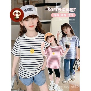 Áo thun ngắn tay sọc Cotton nguyên chất cho bé gái 2024 phong cách mới mùa hè dành cho trẻ em nửa tay