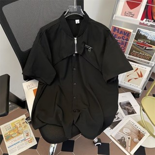  Nam 2024 Mùa Hè Mới Mỹ Đường Phố Cao Cấp hip hop Xu Hướng retro Rời Hàn Quốc Dây Kéo Khóa Sắt Thiết Kế Thoáng Mát Xu Hướng Thường Ngày Thương Hiệu Đứng Cổ Giả Hai Nối Áo Sơ Mi Tay Ngắn 