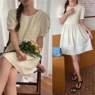Suxi Tối Giản Thời Trang Mới Retro Pháp Cổ Tròn Tay Ngắn Áo Aline 240425