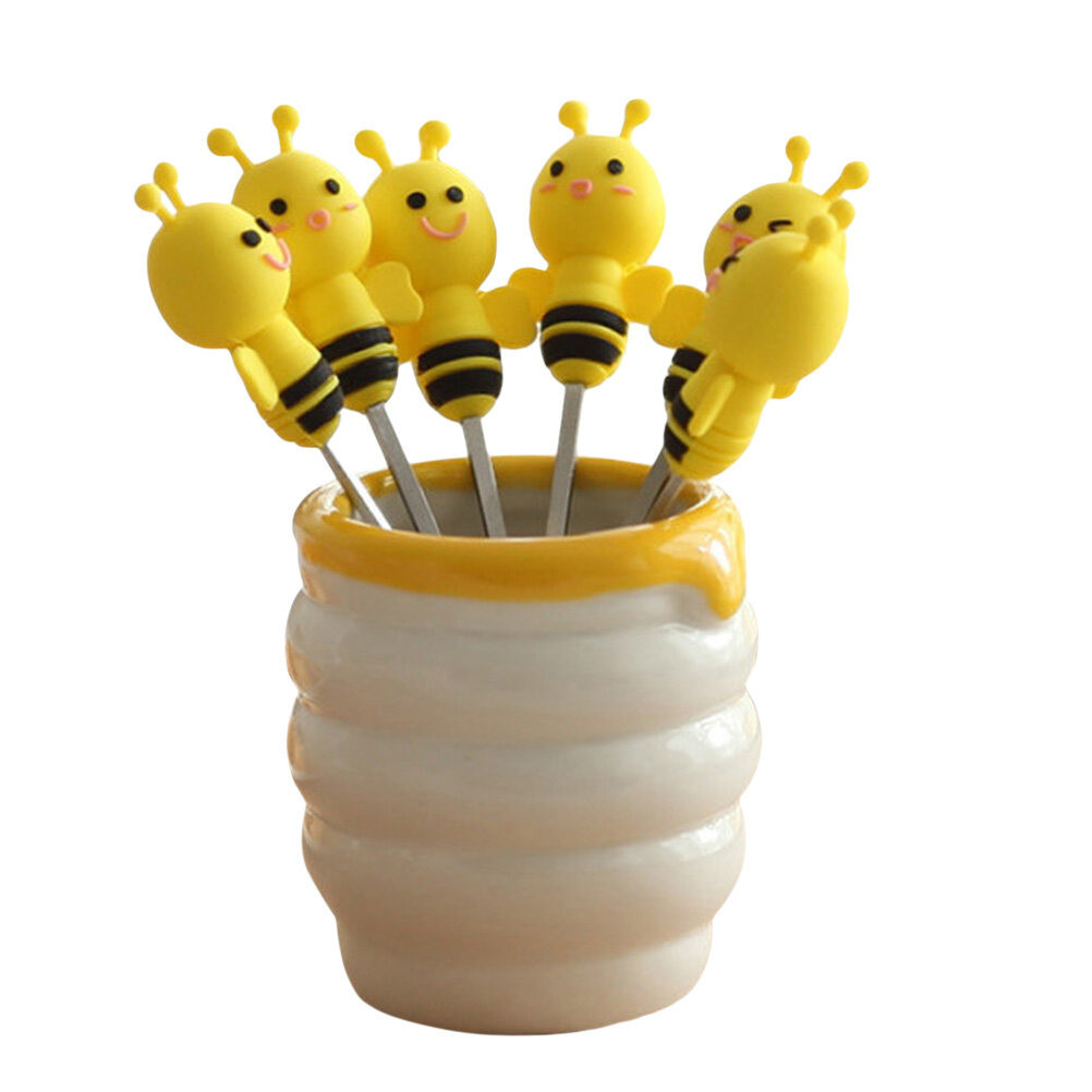 Bán buôn 7 chiếc Silicone Bee Fruit Forks Set Thép không gỉ Món tráng miệng Picks Forks có giá đỡ gố