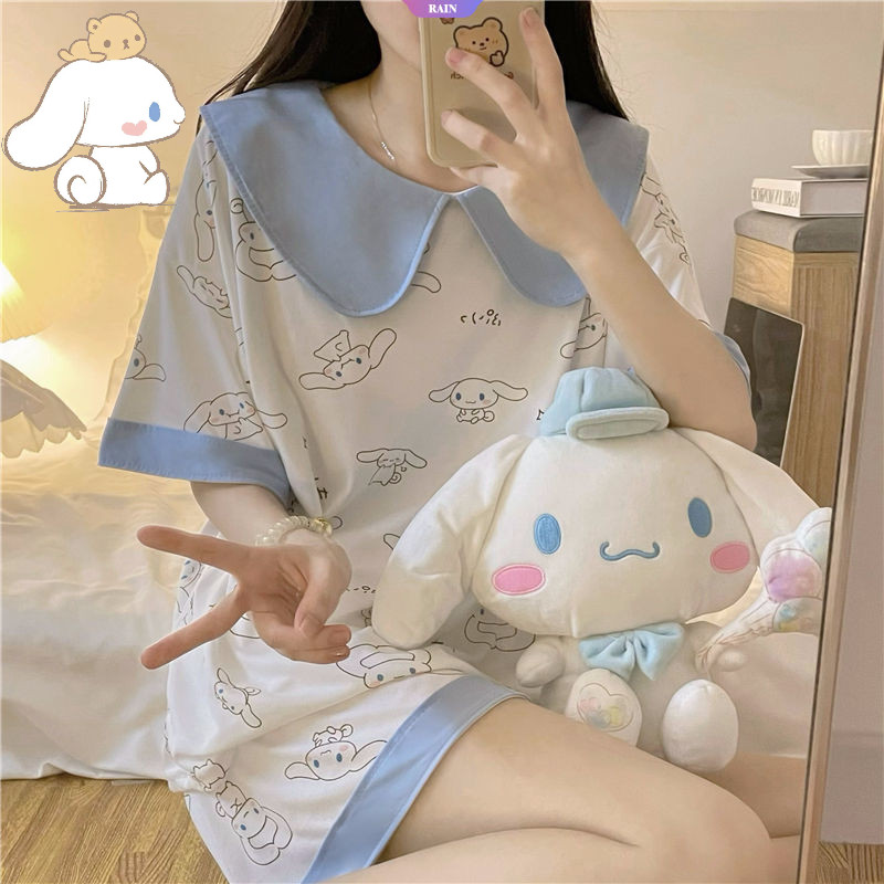 Mới Ins Mềm Em Gái Sanrio Dễ Thương Cổ Búp Bê Bộ Đồ Ngủ Nữ Mùa Hè Ngọt Ngào Quần Short Lưới Đỏ Cinnamoroll Homewear Set [RAIN]