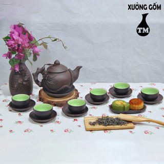 Bộ ấm chén pha uống trà tử sa Bát Tràng Đương Đại đắp hoa lan 400ml