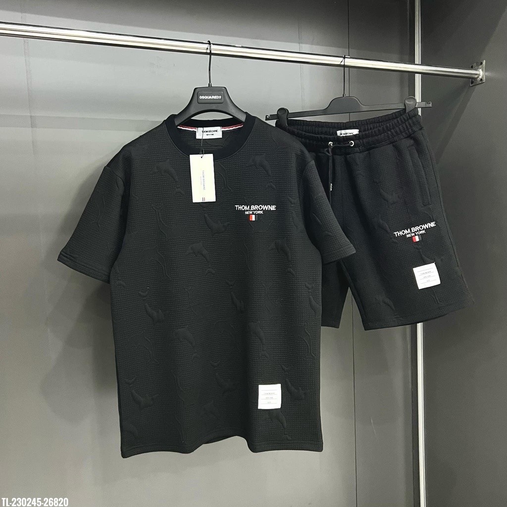 Bộ thể thao nam Thom browne BH03 chất vân gạo dập nổi logo thêu, quần áo nam mùa hè 2023 hàng chất l