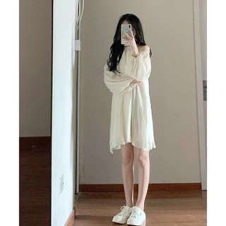 Váy cottagecore Váy 2 dây trễ vai bigsize nữ Đầm hai đi biển Apricot Off-the-Shoulder Đầm voan dài tay nữ Xuân Hè Pháp Ngọt Ngào Phong cách dịu dàng dáng rộng A @ -