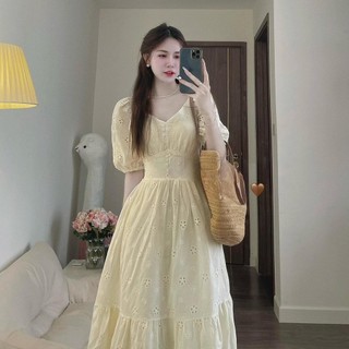 Váy thô boi cổ v dáng xoè chất thô mềm mát