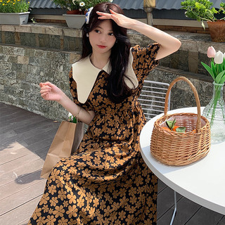 Pewarna IKAT Mùa Hè Pháp Vintage Búp Bê Cổ Đầm Nữ Hàn Quốc Ins Bong Bóng Tay Áo Rời Cao Cấp Hoa Dài Đầm