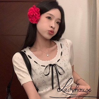 Ldd-áo crop top dệt kim ngọt ngào dành cho nữ Thắt nơ ngắn tay cổ tròn cho thấy áo thun rốn