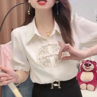 Áo Sơ Mi Tay Ngắn Ôm Hơn Phong Cách Trung Hoa Top 2024 Nữ Bụng Áo Sơ Mi Mới Phong Cách Trung Hoa Giảm Tuổi Tất Cả Trận Đấu Tính Khí Mùa Hè