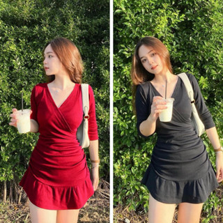 Đầm Váy Thun Body Cổ Chéo Nhún Eo 2 Bên Chất Gân Tăm 45-90kg Trẻ Trung Dễ Thương Trendy V001