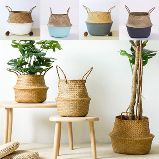 Cỏ Biển Gấp Giỏ Chứa Đồ Rơm Wicker Mây Chậu Hoa Giặt Quần Áo Vườn Cây Giỏ Trang Trí Nhà