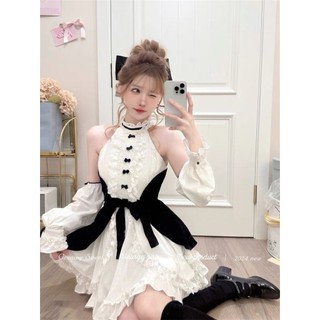 Váy Công Chúa Chữ A Phối Viền Ren Nơ Nhỏ Xinh Xắn Thiết Kế Đai Thắt Eo Màu Tương Phản, Tay Áo Rời Kiểu Pháp Mẫu Mới 