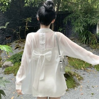 Yuewen Pháp Nơ Lưng Đi Biển Kỳ Nghỉ Chống Nắng Áo Sơ Mi Quần Áo Nữ