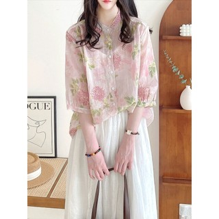 Áo Sơ Mi Cho Bé Top Nữ Đi Lại Rời Văn Học Ngọt Ngào Cổ Đứng Ba Phần Tư Tay Áo Sơ Mi Hoa