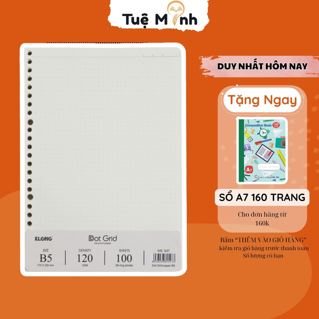 Giấy refill 100 tờ - 200 trang ruột sổ còng Klong B5 Dot Grid chấm lưới tròn, Klong MS 547