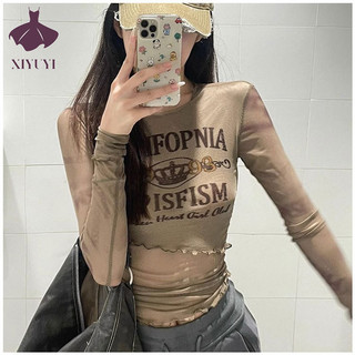 Xiyuyi Áo thun nữ Hot Girls Ruffle Edge Lưới mỏng hàng đầu mới