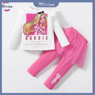 1-6years kids baby girl barbie bộ quần áo mẫu barbie in áo dài tay + váy pant mùa thu trang phục 2 cái đáng yêu