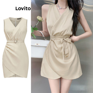 Đầm Lovito xếp ly có thắt lưng màu trơn phong cách boho cho nữ L92AD924