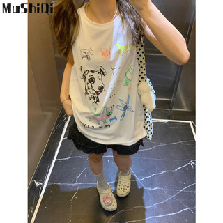 Áo vest nữ MUSHIQI cotton nguyên chất in hình dáng rộng áo ghi lê không tay cỡ lớn