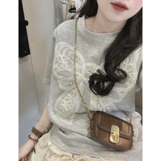 Áo thun nữ tay ngắn cổ tròn thêu nơ thật hàng Quảng Châu, áo phông mùa hè form vừa chất cotton mát đẹp 255165 2