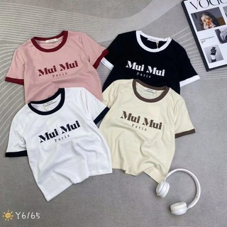 Áo thun croptop nữ tay ngắn cổ tròn viền màu in chữ MUI MUI hàng Quảng Châu chất cotton, áo phông baby tee mùa hè 6165 2